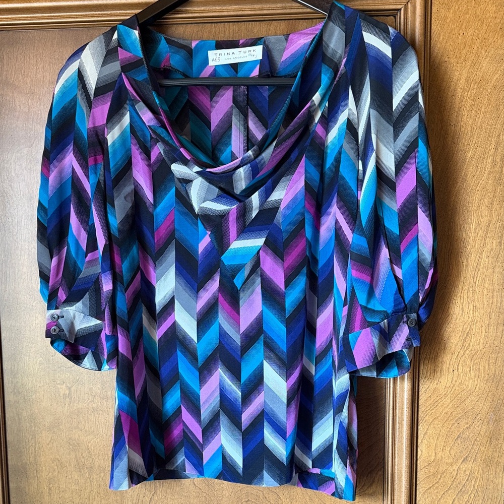 Trina Turk Multicolor Chevron Cowl-Neck Blouse in Blue, Purple, Black